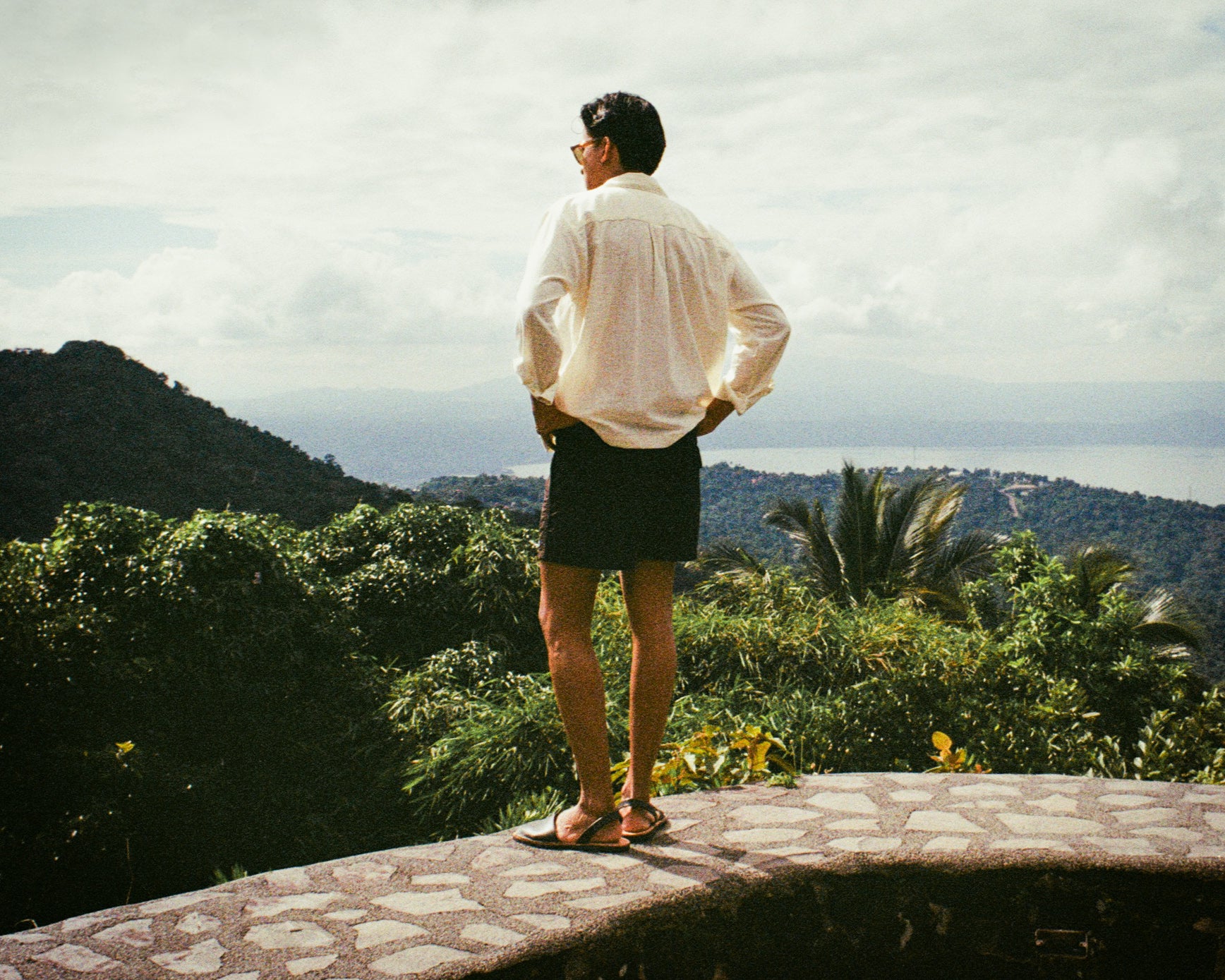 Person standing on a ledge overlooking a tropical landscape with mountains and sea.