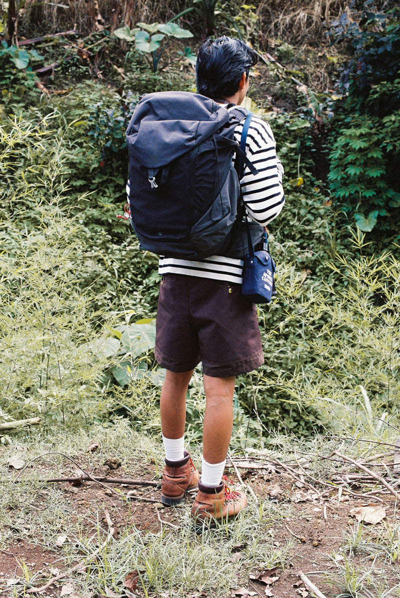 Person with a backpack walking on a trail in a forest